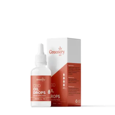 Bottle and box of Broad Spectrum Greenery 420 4000 mg CBD cosmetic oil, in red color