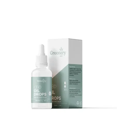 Frasco y caja del aceite cosmético de CBD Broad Spectrum Greenery 420 2000 mg, en color verde menta
