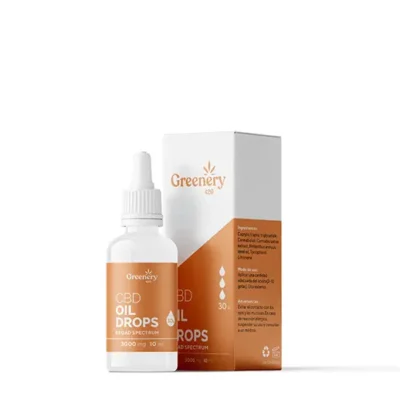 Frasco y caja del aceite cosmético de CBD Broad Spectrum Greenery 420 3000 mg, en color naranja