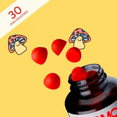 frasco abierto con gominolas ansiedad calma cayendo y dibujo de setas sonrientes