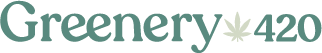 Logotipo de Greenery 420 con una hoja de cannabis o marihuana. En verde