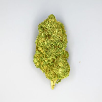 CBD bud of Northern Lights Indoor variety on a white background.