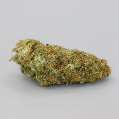 CBD bud of the Tropic Thunder Indoor variety on a white background.